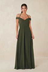 A-Line Off-the-Shoulder Chiffon Bridesmaid Dress in Olive | KISSBRIDAL