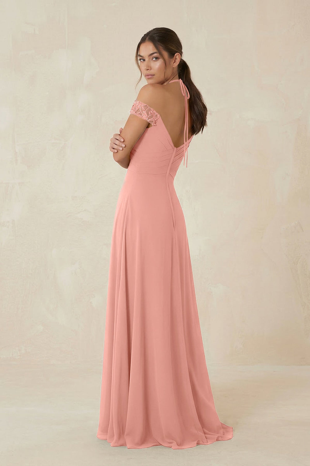 A-Line Off-the-Shoulder Chiffon Bridesmaid Dress in Rosette
