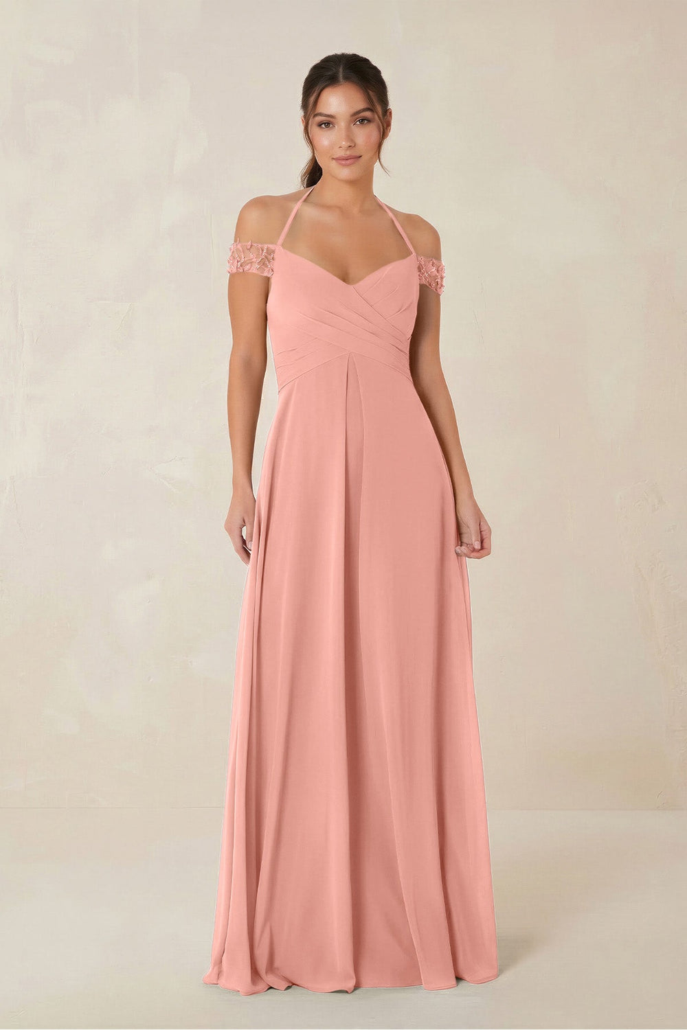 A-Line Off-the-Shoulder Chiffon Bridesmaid Dress in Rosette