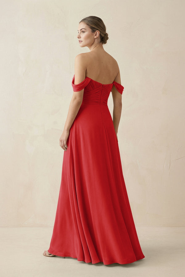A-Line Off-the-Shoulder Chiffon Bridesmaid Dress in Ruby Red - KISS BRIDAL BRIDESMAID DRESSES