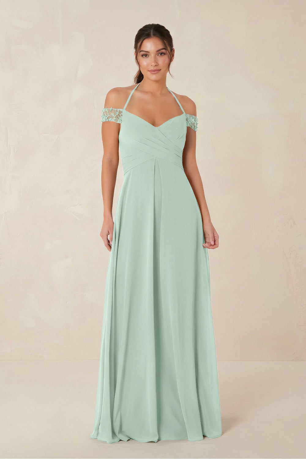 A-Line Off-the-Shoulder Chiffon Bridesmaid Dress in Sage