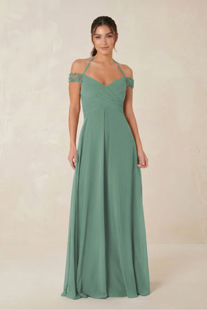 A-Line Off-the-Shoulder Chiffon Bridesmaid Dress in Sea Glass | KISSBRIDAL