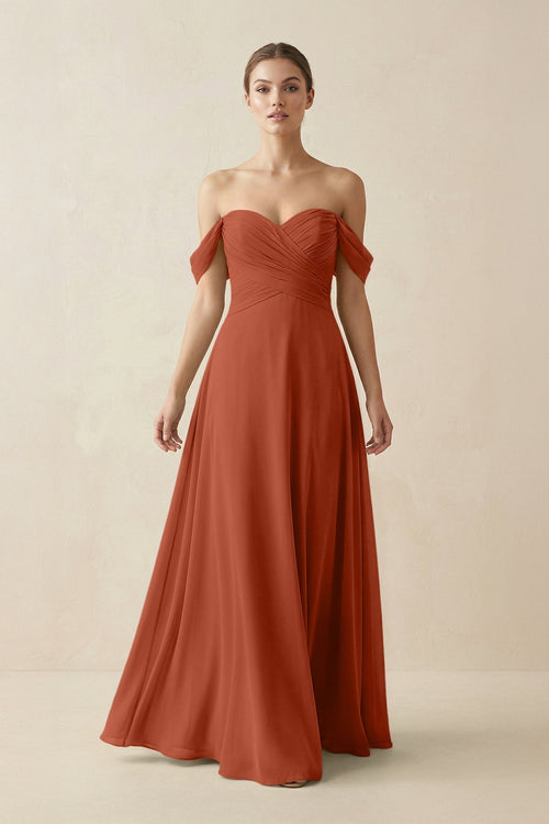 A-Line Off-the-Shoulder Chiffon Bridesmaid Dress in Spice - KISS BRIDAL BRIDESMAID DRESSES