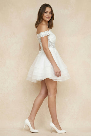 A - Line Off - the - Shoulder Lace Mini Wedding Dress - KISS BRIDAL Wedding Dresses