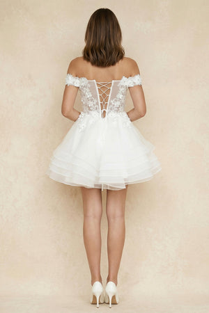 A - Line Off - the - Shoulder Lace Mini Wedding Dress - KISS BRIDAL Wedding Dresses