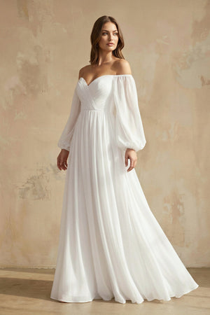 A Line Off The Shoulder Long Sleeves Chiffon Wedding Dress in White - KISS BRIDAL Wedding Dresses