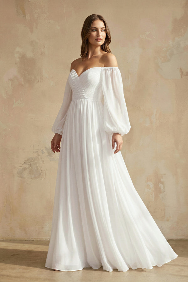 A Line Off The Shoulder Long Sleeves Chiffon Wedding Dress in White - KISS BRIDAL Wedding Dresses