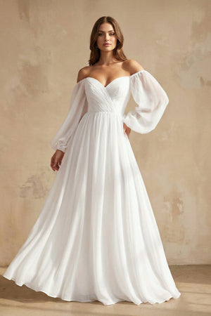 A Line Off The Shoulder Long Sleeves Chiffon Wedding Dress in White - KISS BRIDAL Wedding Dresses