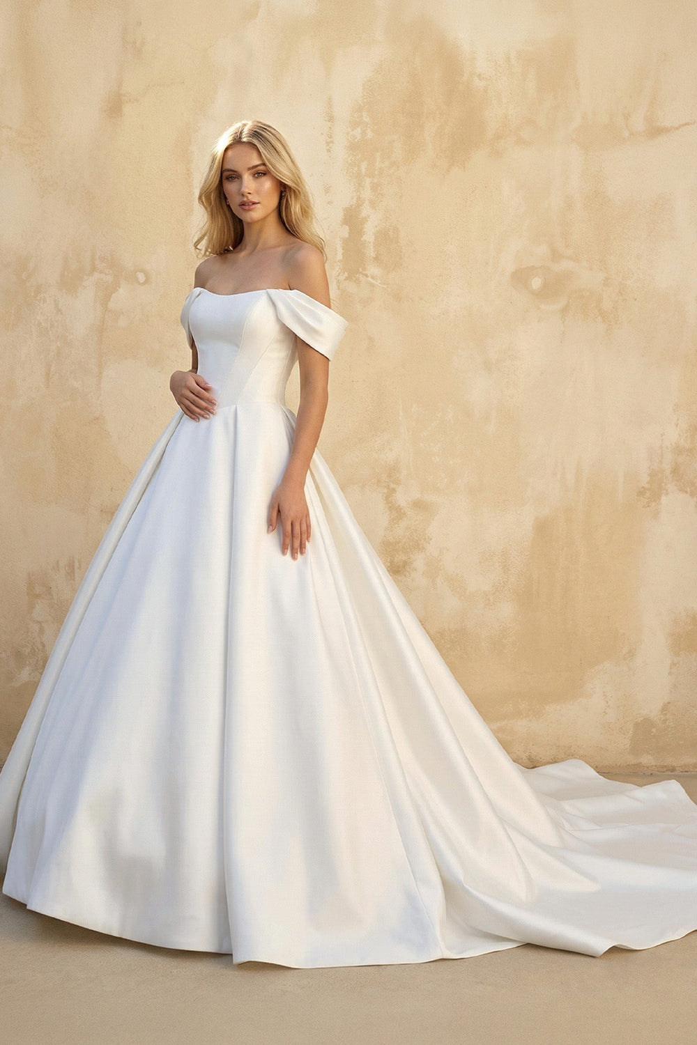 Ball-Gown Off the Shoulder Satin Wedding Dresses in White