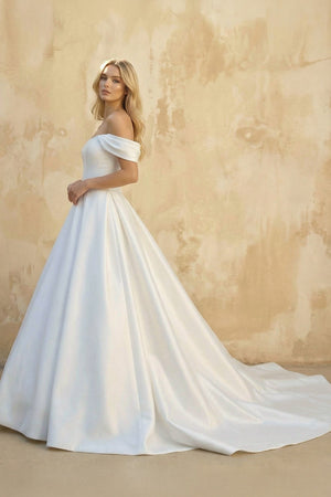 A - Line Off the Shoulder Satin Wedding Dresses in White - KISS BRIDAL Wedding Dresses