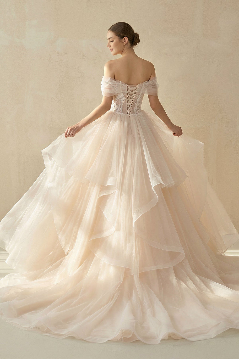 Champagne Organza Ball-Gown Off-the-Shoulder Wedding Dress