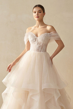 A - Line Off - the - Shoulder Tulle Wedding Dress - KISS BRIDAL Wedding Dresses