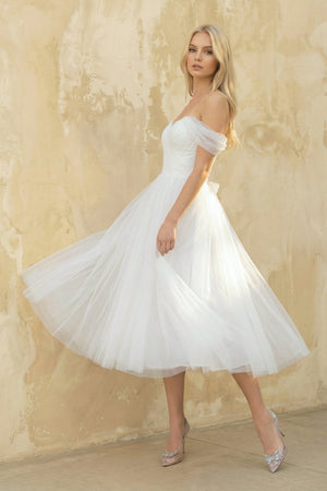A Line Off The Shoulder Tulle Wedding Dress in White - KISS BRIDAL Wedding Dresses