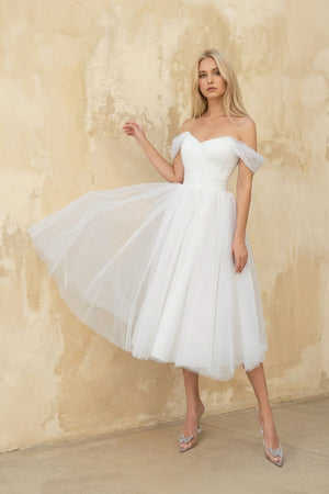 A Line Off The Shoulder Tulle Wedding Dress in White - KISS BRIDAL Wedding Dresses