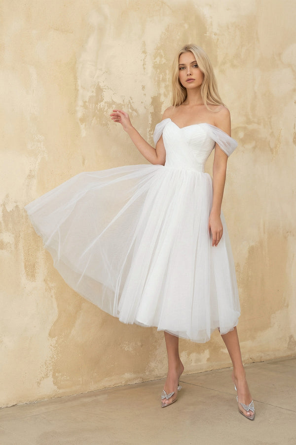 A Line Off The Shoulder Tulle Wedding Dress in White - KISS BRIDAL Wedding Dresses