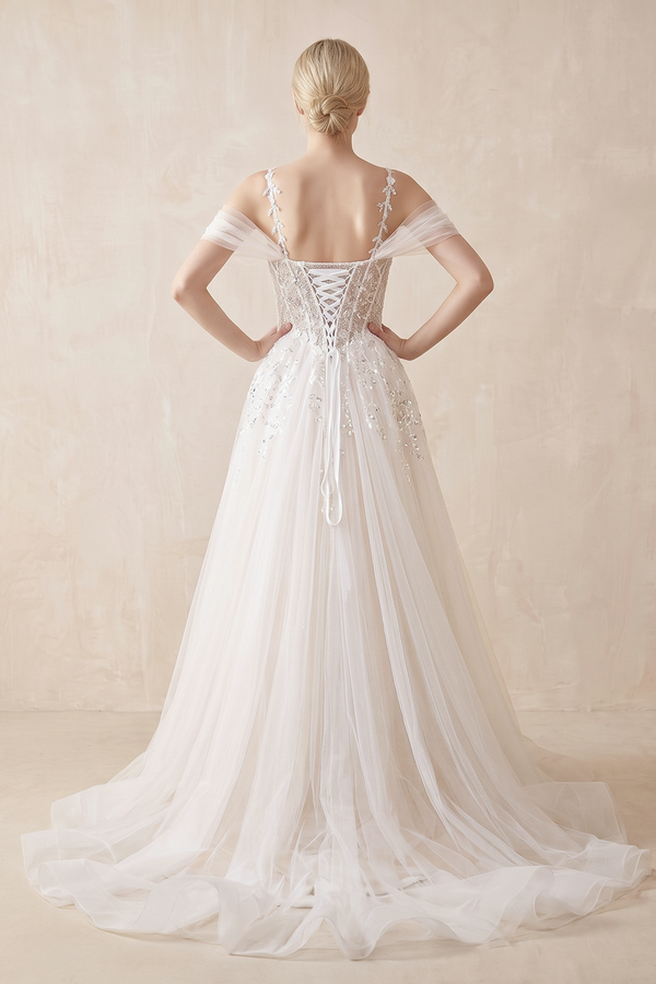 A - Line Off - The - Shoulder Tulle Wedding Dresses in Ivory - KISS BRIDAL Wedding Dresses