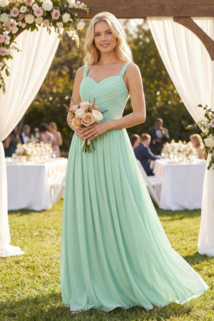 A-Line Pleated Long Chiffon Bridesmaid Dress in Pale Pistachio - KISS BRIDAL BRIDESMAID DRESSES