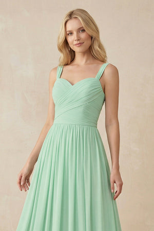 A-Line Pleated Long Chiffon Bridesmaid Dress in Pale Pistachio - KISS BRIDAL BRIDESMAID DRESSES