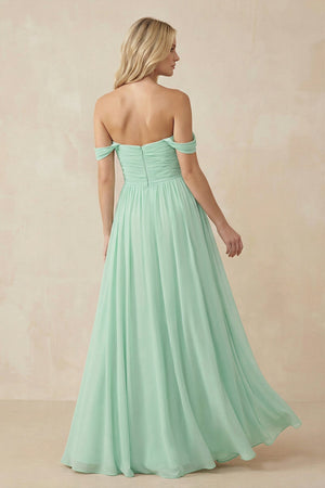 A-Line Pleated Long Chiffon Bridesmaid Dress in Pale Pistachio - KISS BRIDAL BRIDESMAID DRESSES