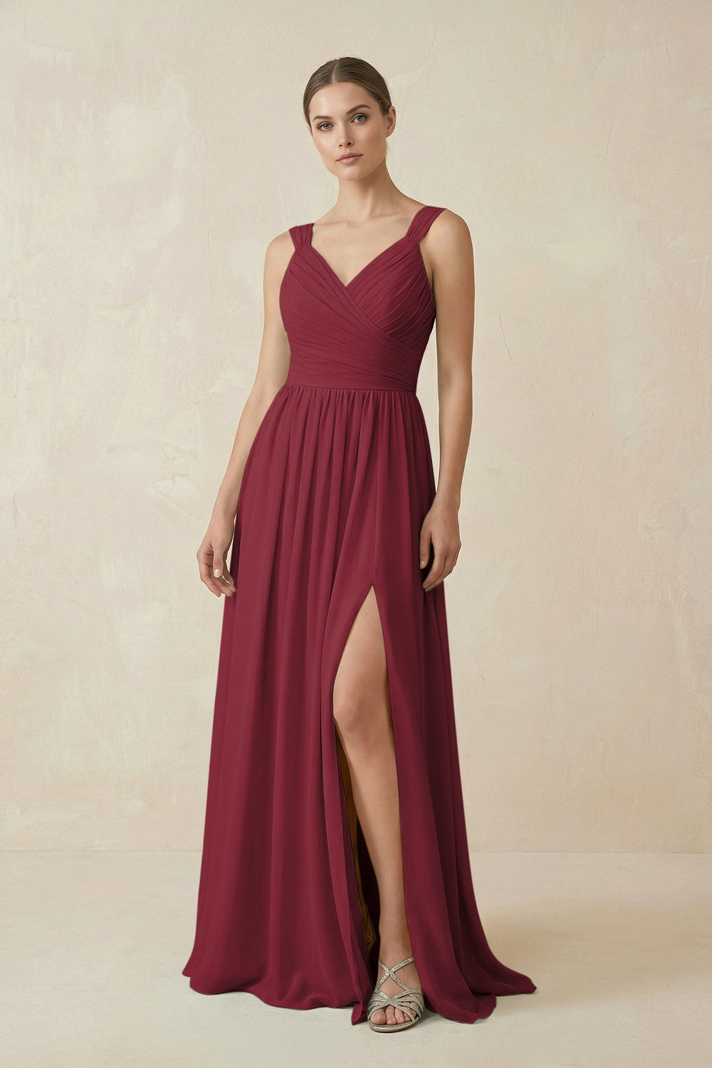 A-Line Pleated Chiffon Long Bridesmaid Dress in Berry