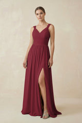A - Line Pleated Chiffon Long Bridesmaid Dress in Berry - KISS BRIDAL Bridesmaid Dresses