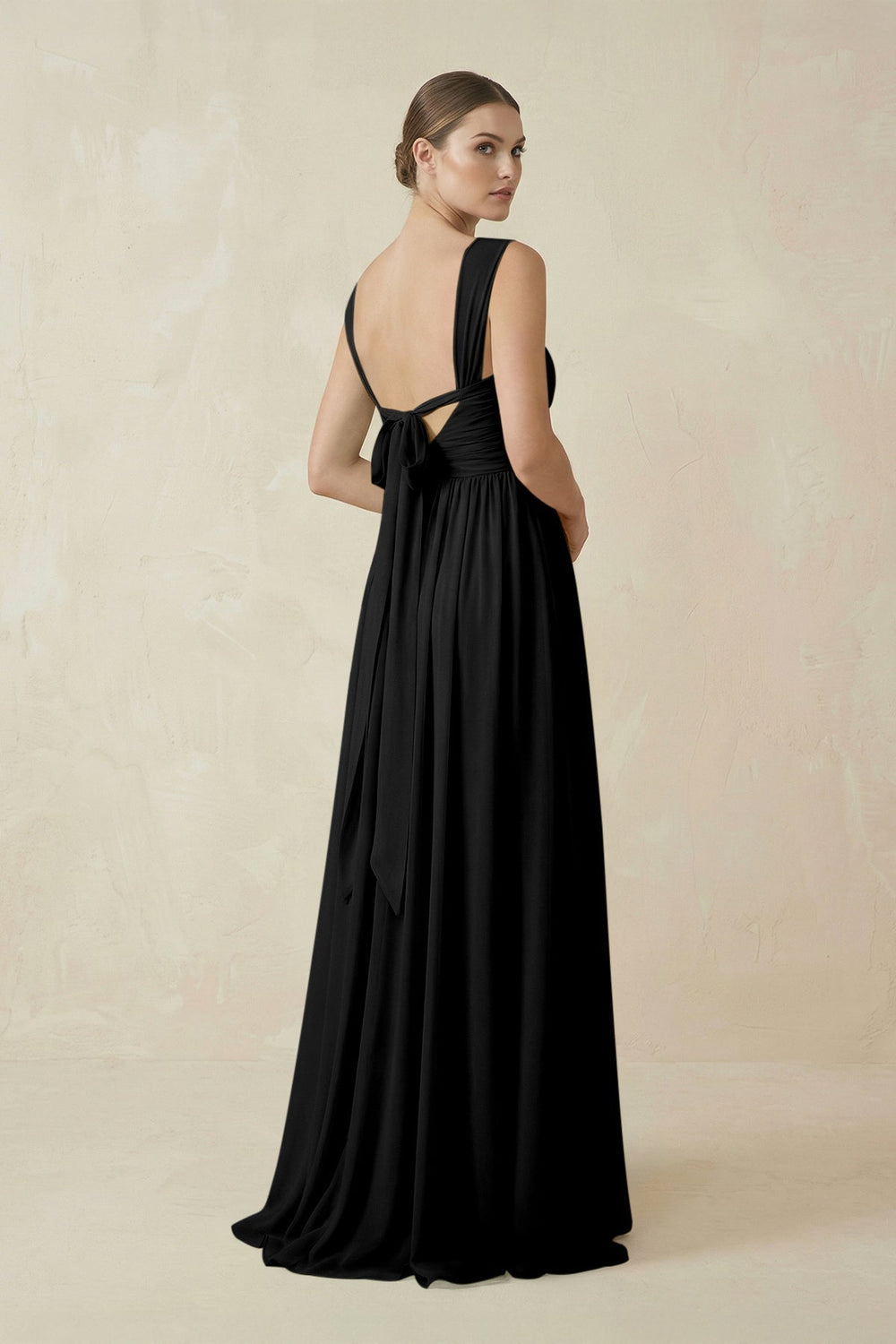 A-Line Pleated Chiffon Long Bridesmaid Dress in Black