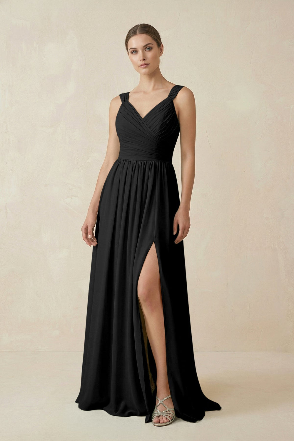 A-Line Pleated Chiffon Long Bridesmaid Dress in Black