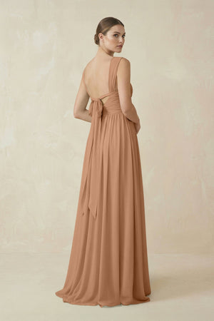 A - Line Pleated Chiffon Long Bridesmaid Dress in Bronzer - KISS BRIDAL Bridesmaid Dresses