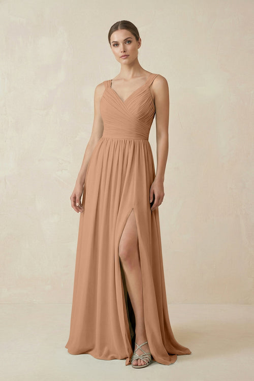 A - Line Pleated Chiffon Long Bridesmaid Dress in Bronzer - KISS BRIDAL Bridesmaid Dresses