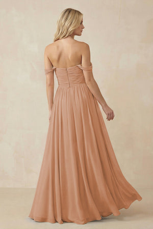 A - Line Pleated Chiffon Long Bridesmaid Dress in Bronzer - KISS BRIDAL Bridesmaid Dresses