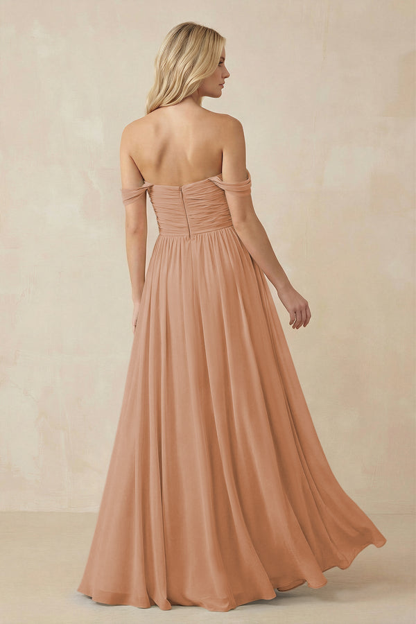A - Line Pleated Chiffon Long Bridesmaid Dress in Bronzer - KISS BRIDAL Bridesmaid Dresses