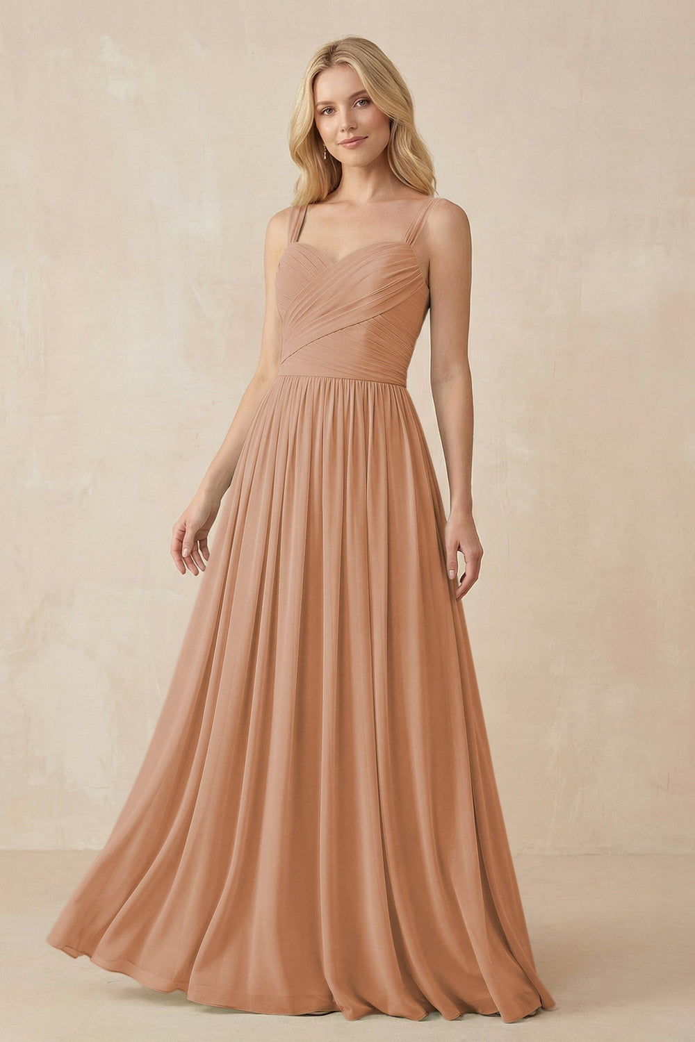 A-Line Pleated Long Chiffon Bridesmaid Dress in Bronzer