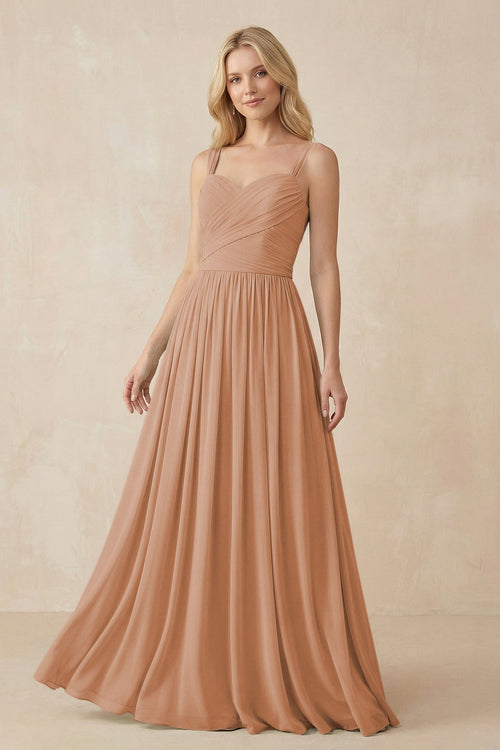 A - Line Pleated Chiffon Long Bridesmaid Dress in Bronzer - KISS BRIDAL Bridesmaid Dresses