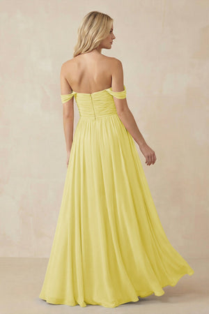 A - Line Pleated Chiffon Long Bridesmaid Dress in Buttercup - KISS BRIDAL Bridesmaid Dresses