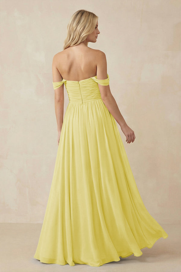 A - Line Pleated Chiffon Long Bridesmaid Dress in Buttercup - KISS BRIDAL Bridesmaid Dresses