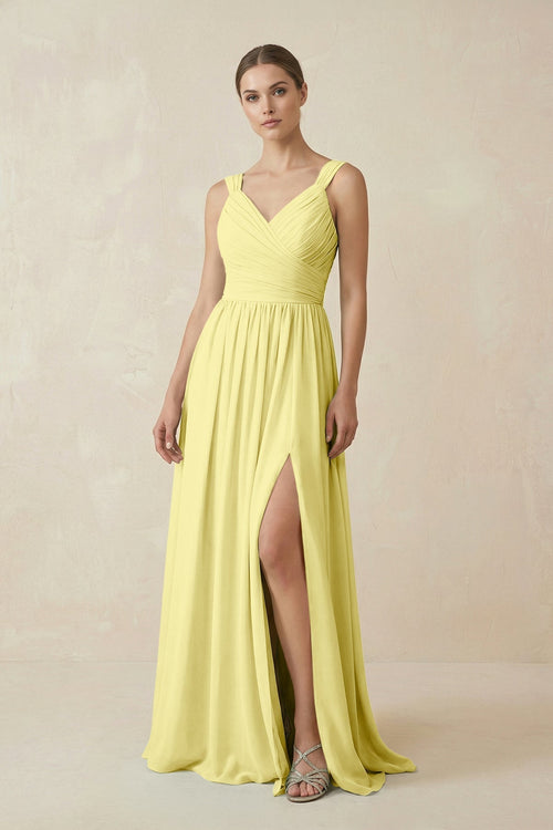 A - Line Pleated Chiffon Long Bridesmaid Dress in Buttercup - KISS BRIDAL Bridesmaid Dresses