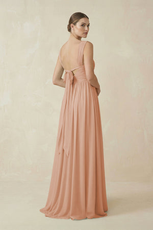 A - Line Pleated Chiffon Long Bridesmaid Dress in Champagne Rose - KISS BRIDAL Bridesmaid Dresses