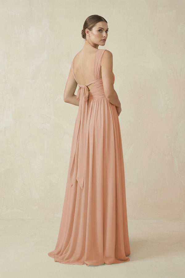 A - Line Pleated Chiffon Long Bridesmaid Dress in Champagne Rose - KISS BRIDAL Bridesmaid Dresses