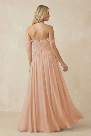 A - Line Pleated Chiffon Long Bridesmaid Dress in Champagne Rose - KISS BRIDAL Bridesmaid Dresses