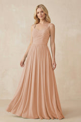 A - Line Pleated Chiffon Long Bridesmaid Dress in Champagne Rose - KISS BRIDAL Bridesmaid Dresses