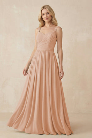 A - Line Pleated Chiffon Long Bridesmaid Dress in Champagne Rose - KISS BRIDAL Bridesmaid Dresses