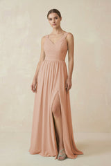 A - Line Pleated Chiffon Long Bridesmaid Dress in Champagne Rose - KISS BRIDAL Bridesmaid Dresses