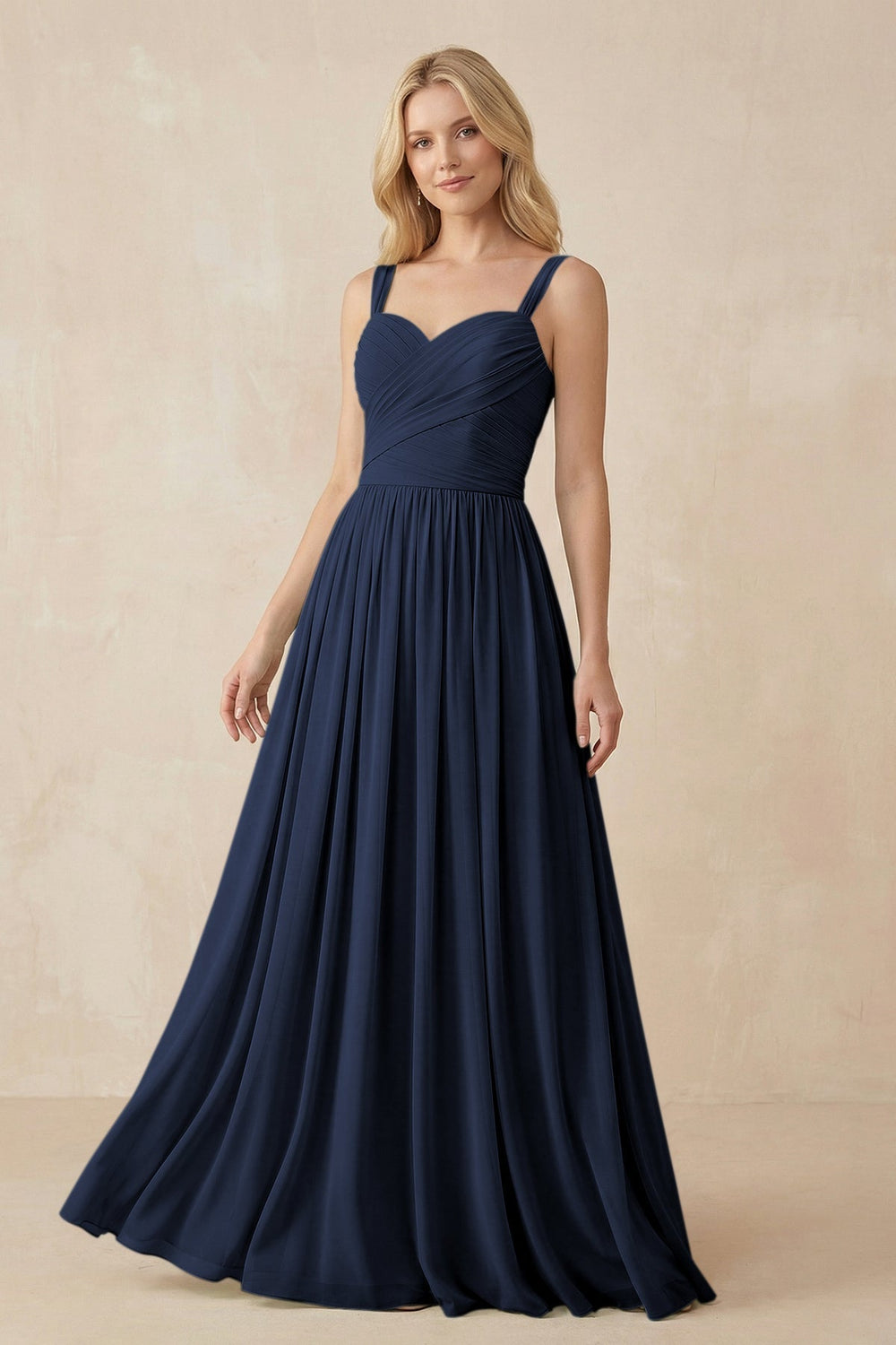 A-Line Pleated Long Chiffon Bridesmaid Dress in Dark Navy