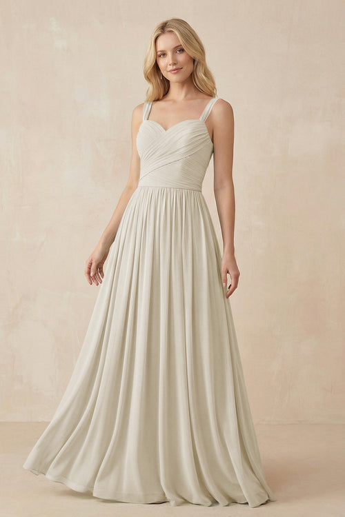 A - Line Pleated Chiffon Long Bridesmaid Dress in Dove Gray - KISS BRIDAL Bridesmaid Dresses
