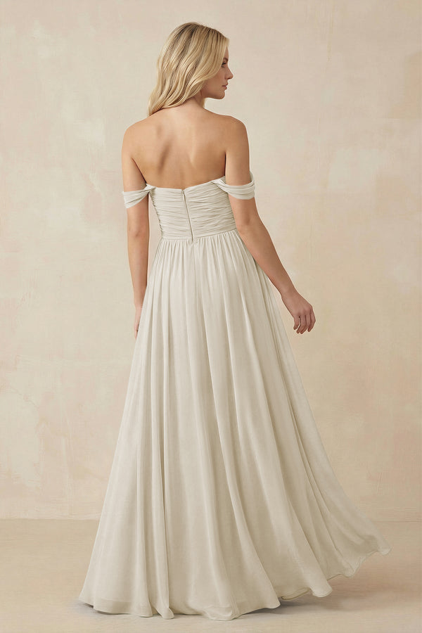 A - Line Pleated Chiffon Long Bridesmaid Dress in Dove Gray - KISS BRIDAL Bridesmaid Dresses