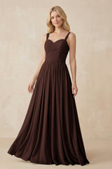 A - Line Pleated Chiffon Long Bridesmaid Dress in Espresso - KISS BRIDAL Bridesmaid Dresses