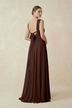 A - Line Pleated Chiffon Long Bridesmaid Dress in Espresso - KISS BRIDAL Bridesmaid Dresses