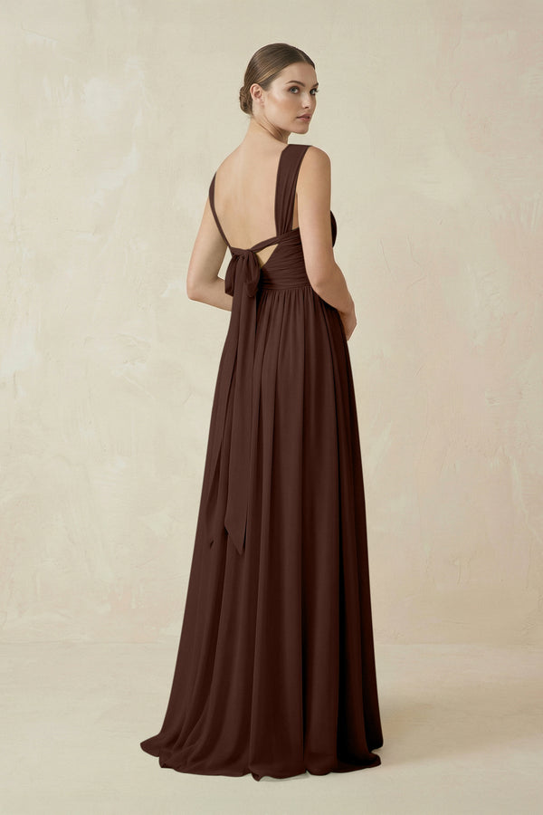 A - Line Pleated Chiffon Long Bridesmaid Dress in Espresso - KISS BRIDAL Bridesmaid Dresses