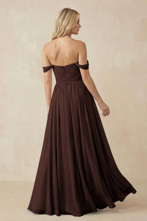A - Line Pleated Chiffon Long Bridesmaid Dress in Espresso - KISS BRIDAL Bridesmaid Dresses