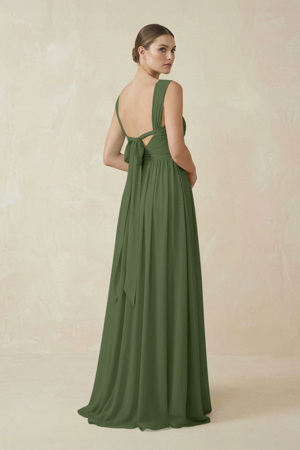 A-Line Pleated Chiffon Long Bridesmaid Dress in Moss (2) | KISSBRIDAL